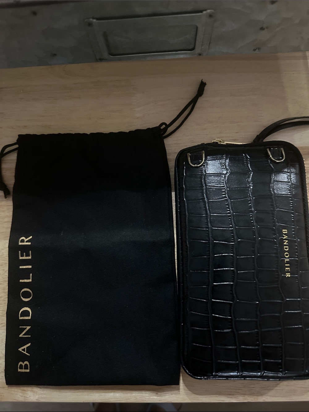 Bandolier expanded pouch Black Croc-Embossed Zip with Gold Logo - NEW - Picture 2 of 3